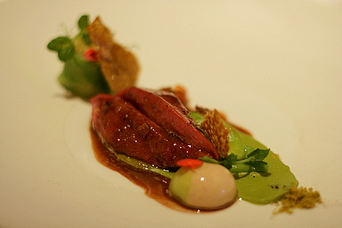 Anjou pigeon, sushi and cream of spring cabbage, due penotti of goose liver and crispy pistachio