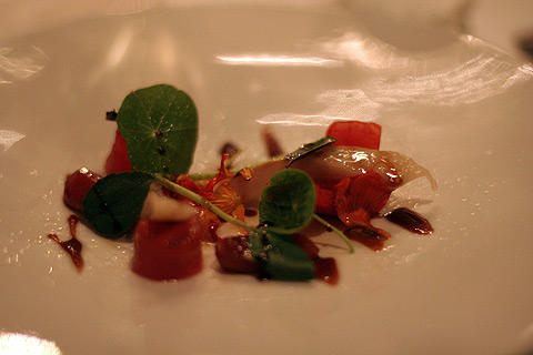 Pickled mackerel, water melon and small tomatoes